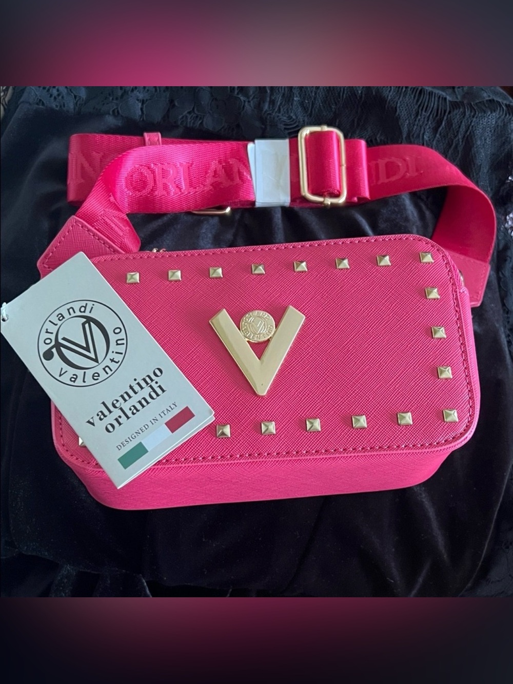VALENTINO “Orlandi” Fuchsia Crossbody Camera Bag with Gold Studded Accents (NWT) - Picture 2 of 3